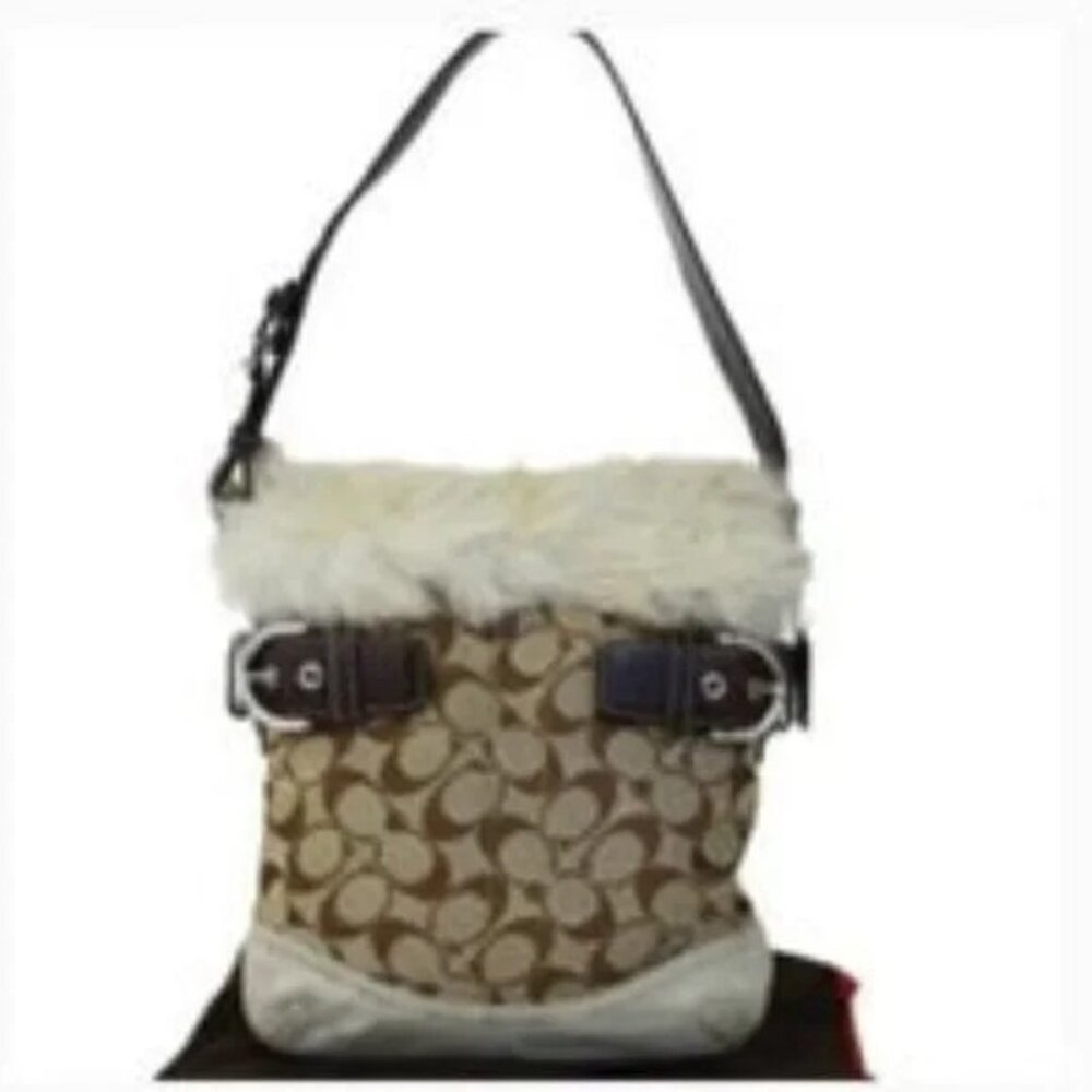 Euc Coach Signature Canvas Shearling Duffle Khaki Handbag Tote Bag Purse